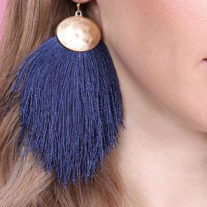 Navy Oversized Boho Thread Tassel Drop Earrings